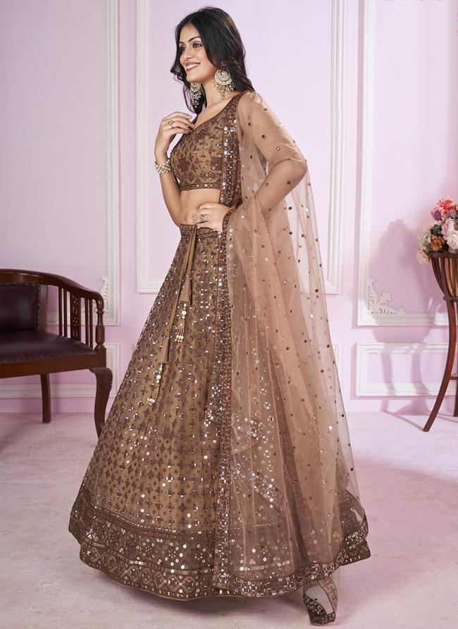 Soft Net Brown Wedding Wear Sequins Work Lehenga Choli